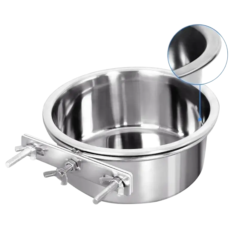 Stainless steel cage food dispenser with a secure clamping mechanism on a metal pet bowl for easy attachment