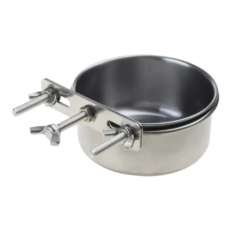 Stainless steel cage food dispenser bowl with mounting bracket and three wing nuts for secure attachment
