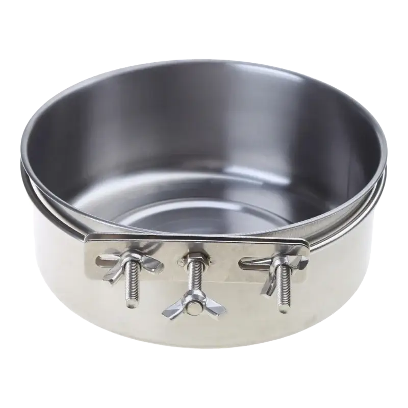 Stainless steel cage food dispenser with a pet bowl featuring three winged knobs for secure clamping