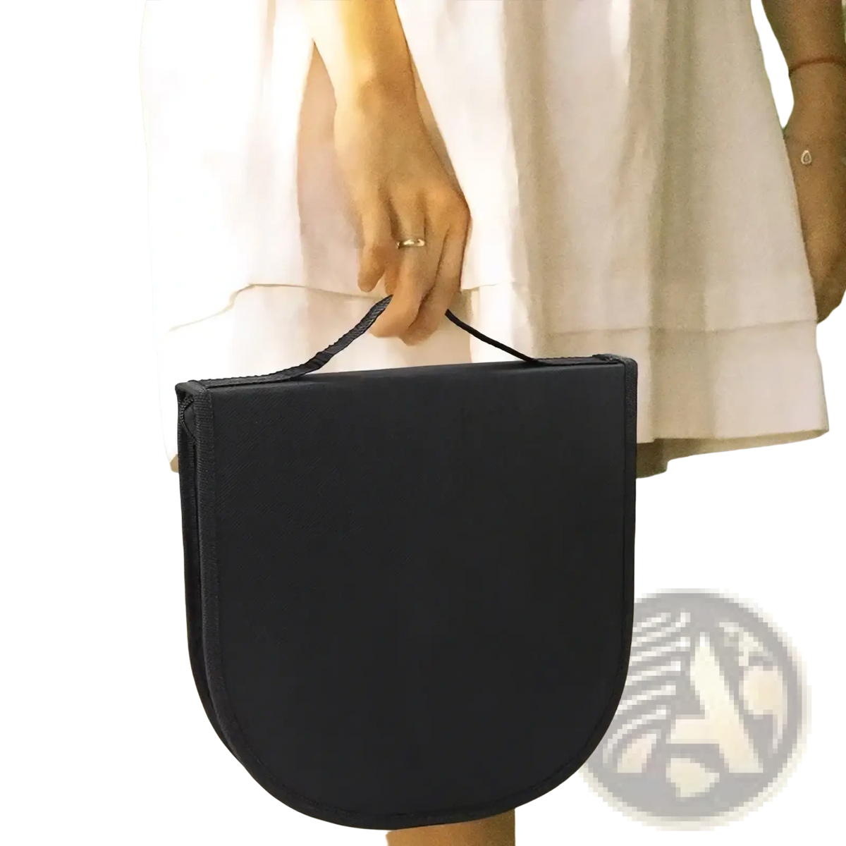 Black fabric carrying case with short handle for stainless steel camping cutlery set storage and transport