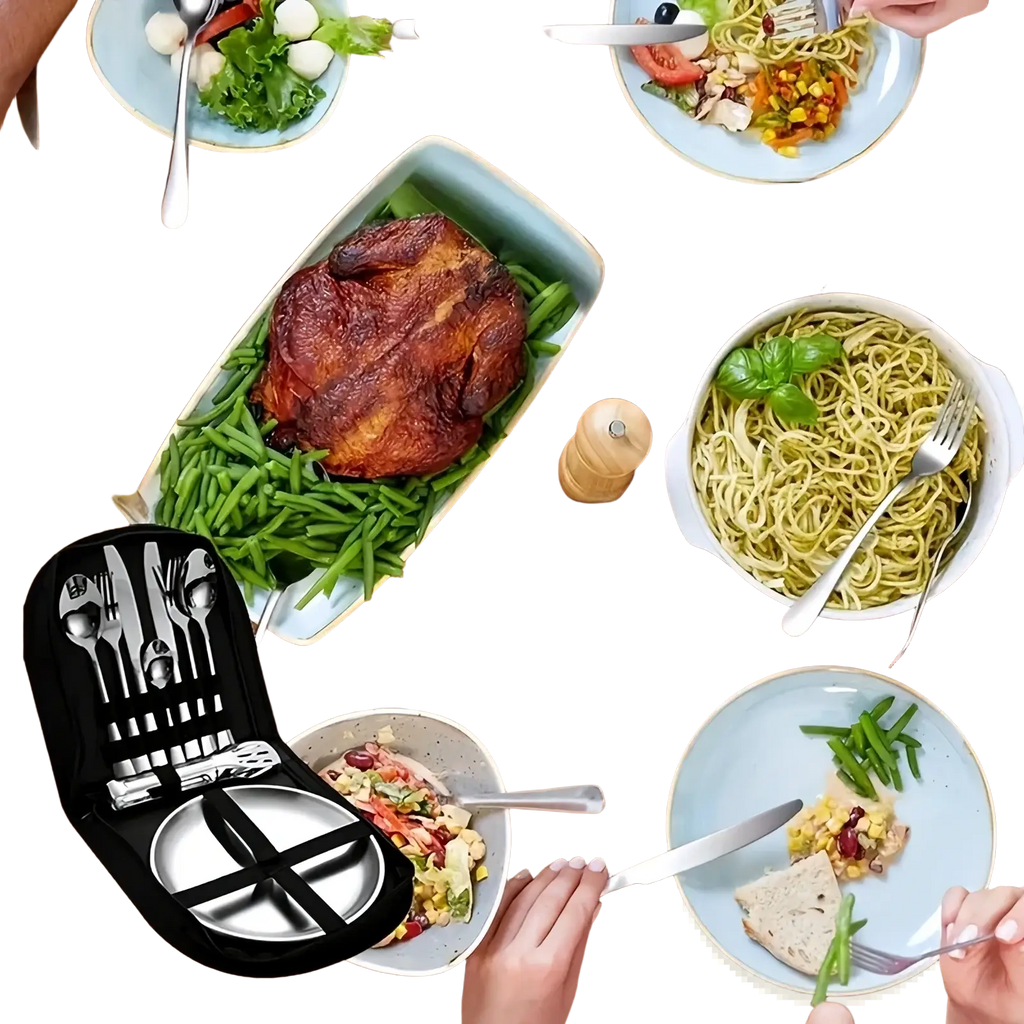 Black fabric utensil case with stainless steel camping cutlery set including silverware and matching plate inside