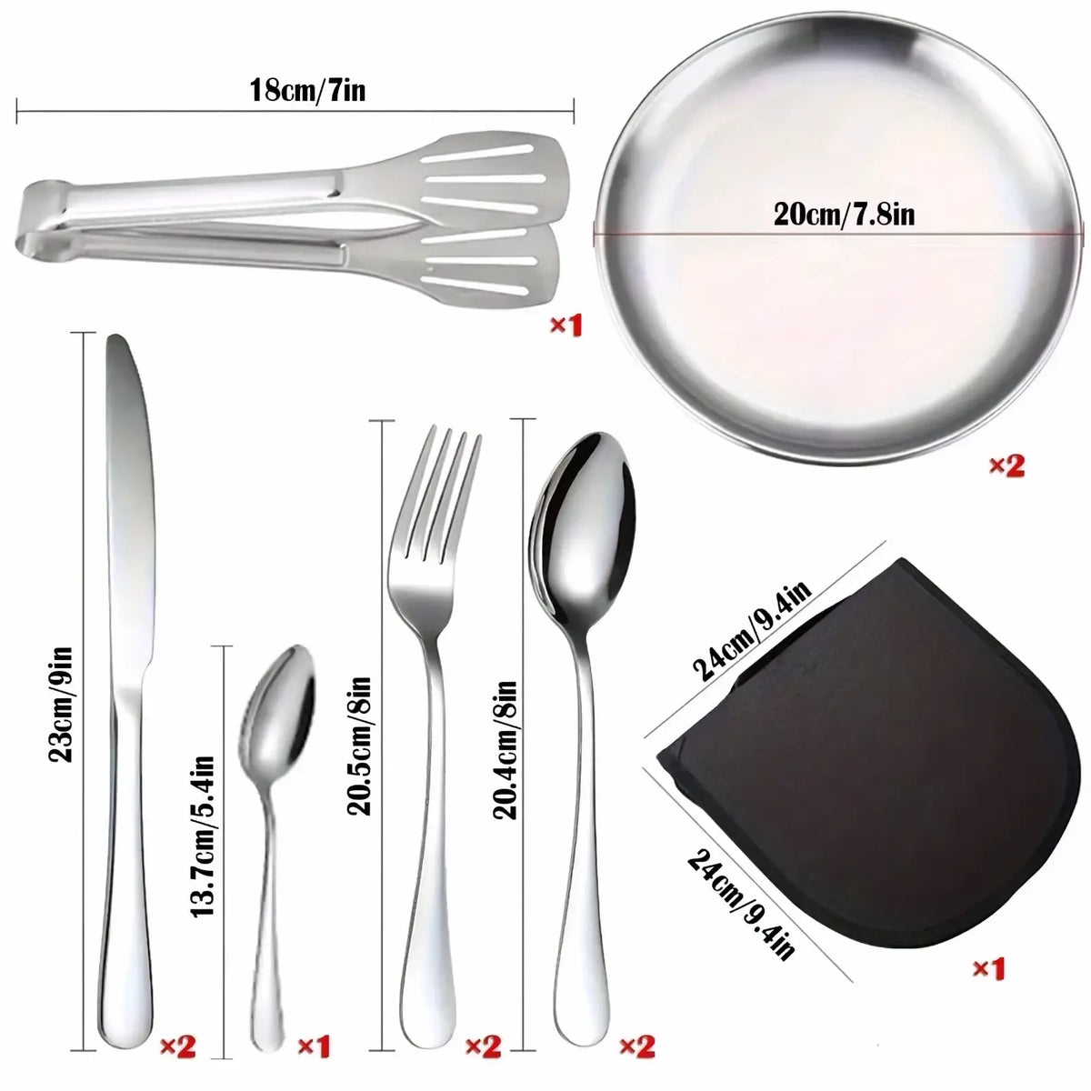 Stainless steel camping cutlery set with round plate, serving tongs, knives, forks, and spoons in silver finish