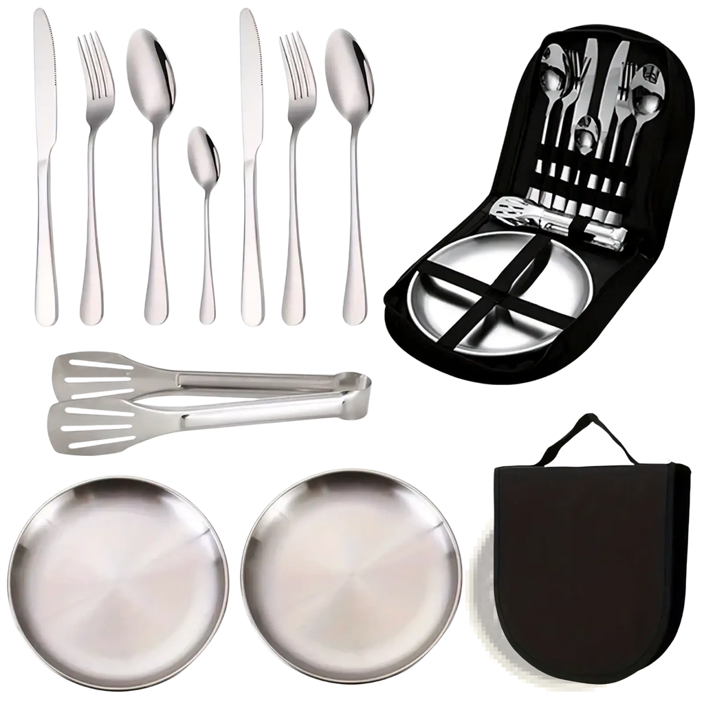 Stainless steel camping cutlery set with matching plates forks knives spoons and tongs neatly organized in black case
