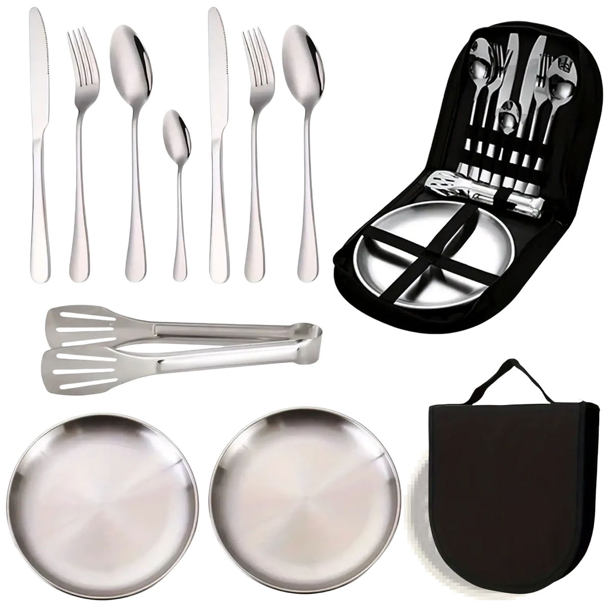 Stainless steel camping cutlery set with matching plates forks knives spoons and tongs neatly organized in black case