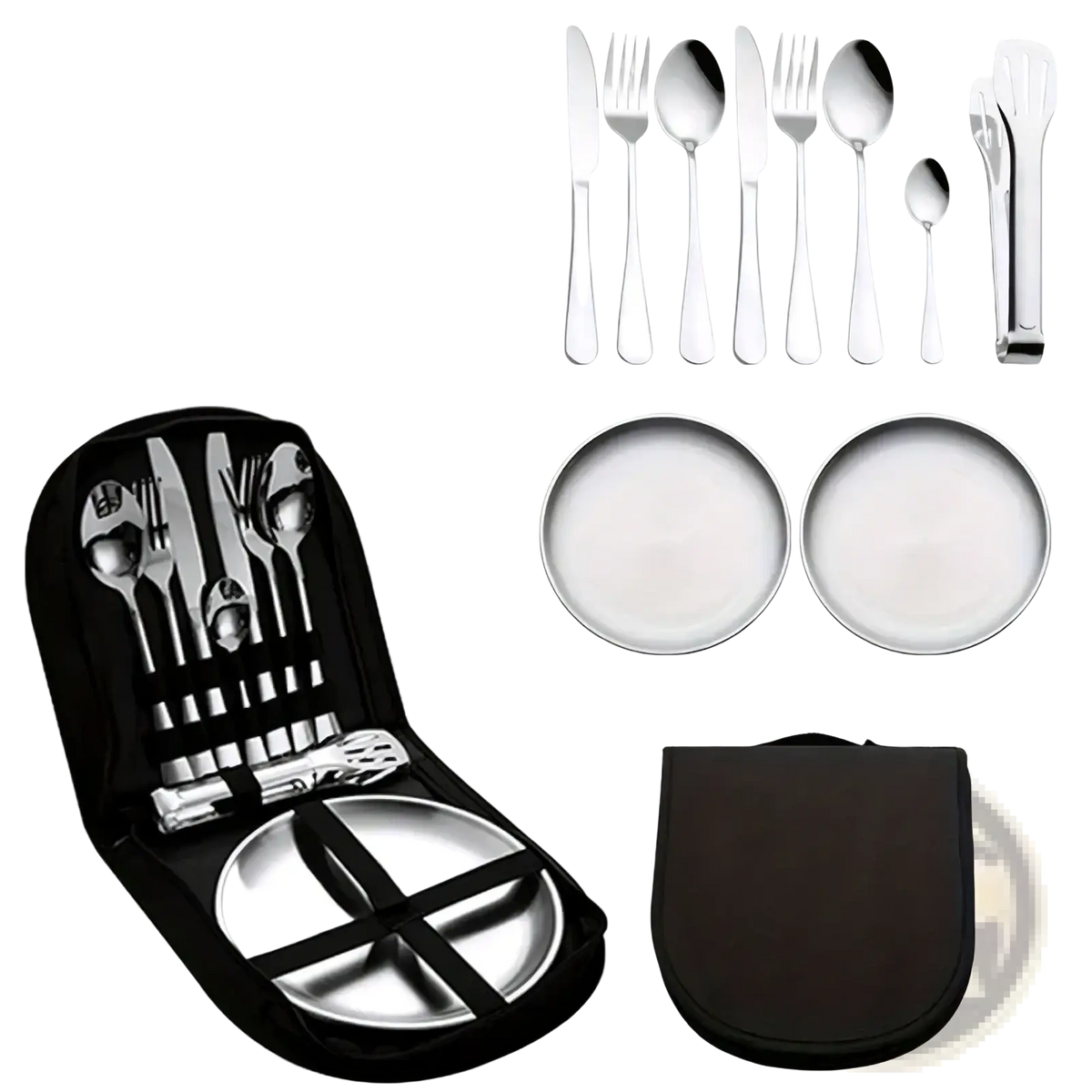 Silver stainless steel camping cutlery set with 11 pieces including matching plates and black carrying case