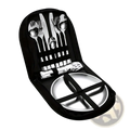 Silver stainless steel camping cutlery set with matching plate neatly organized in a black carrying case