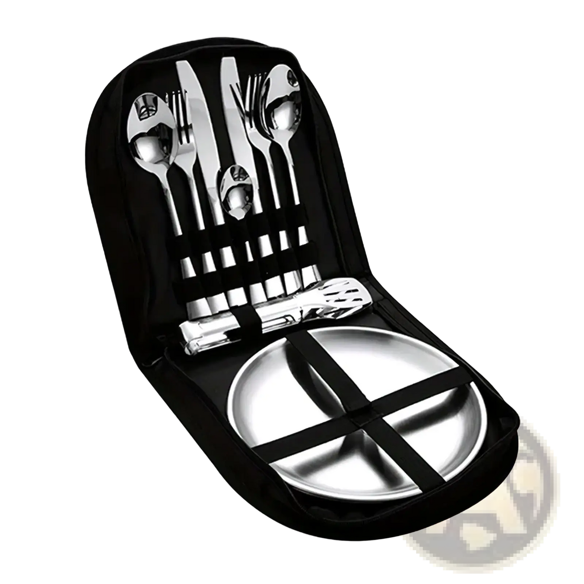 Silver stainless steel camping cutlery set with matching plate neatly organized in a black carrying case