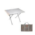 Compact silver stainless steel camping table with light wood edges and matching gray storage bag for outdoor use