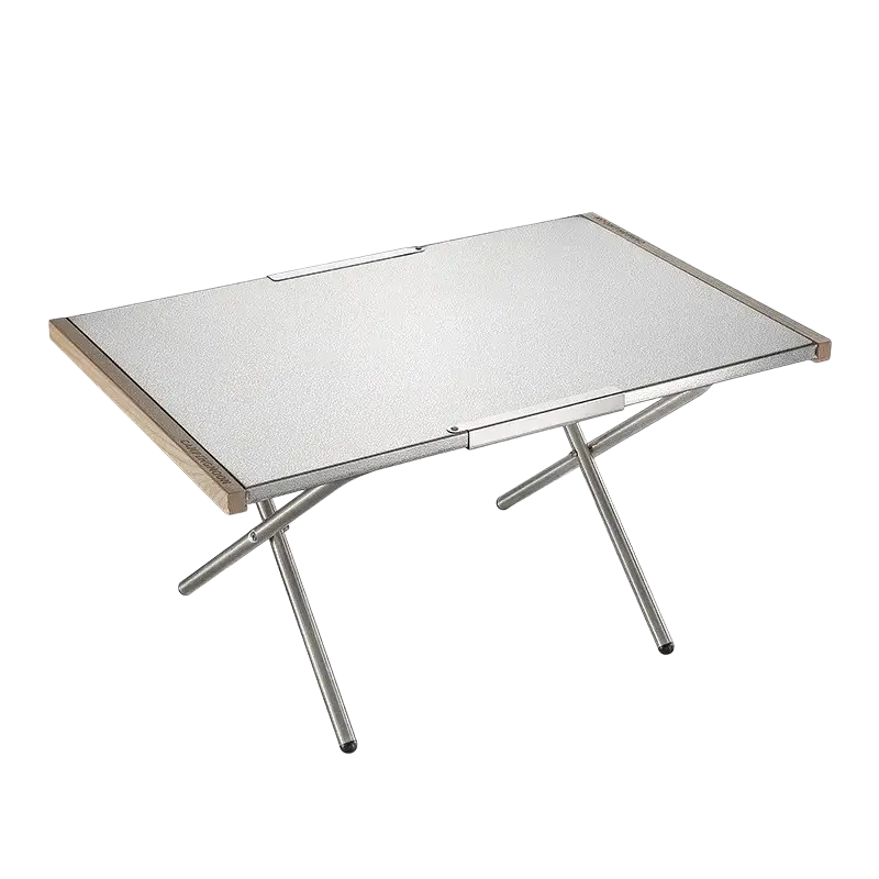 Silver stainless steel folding camping table with wooden edge trim metal legs and storage bag for outdoor furniture use