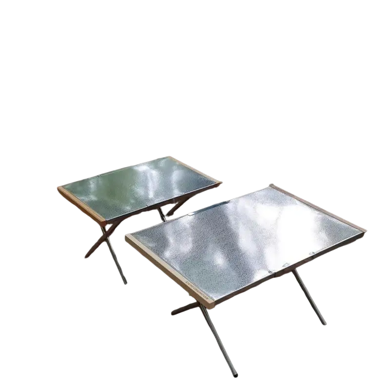 Silver reflective aluminum folding stainless steel camping table with wooden edges metal legs and storage bag for outdoor furniture