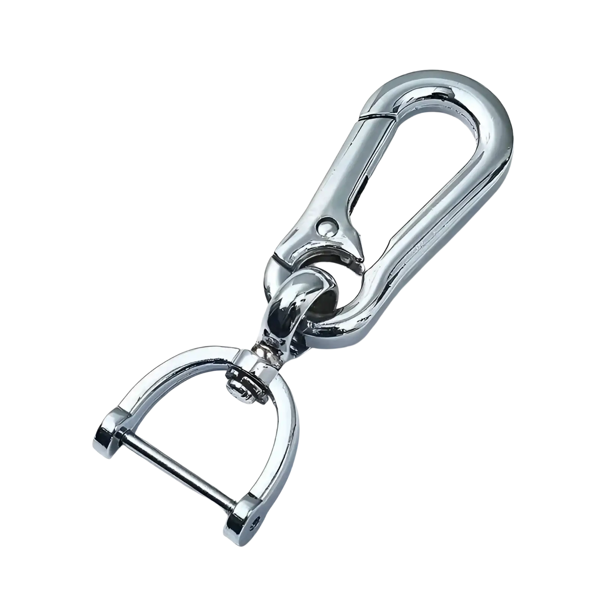 Stainless steel carabiner car keychain with chrome finish metal and d-ring attachment for secure key holding