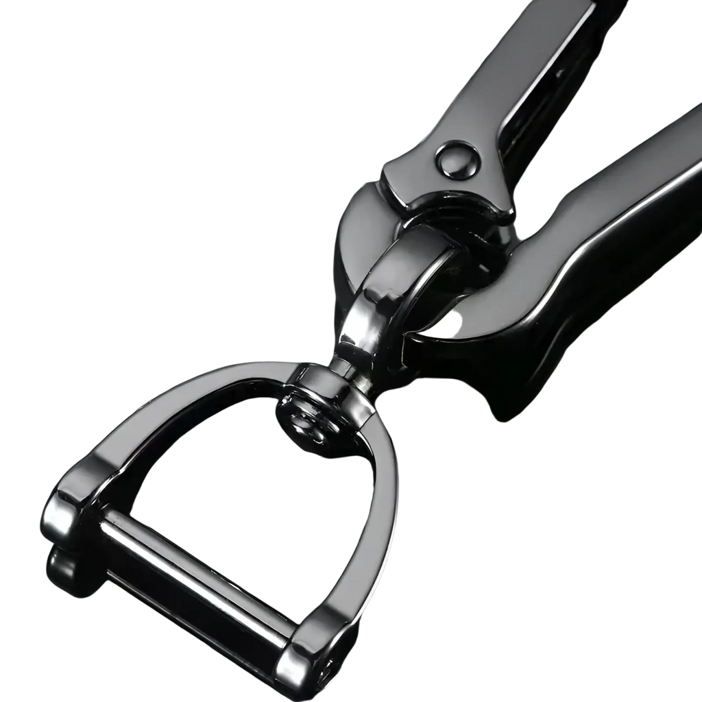Shiny black stainless steel horsebit-style carabiner car keychain with polished reflective finish and sturdy construction