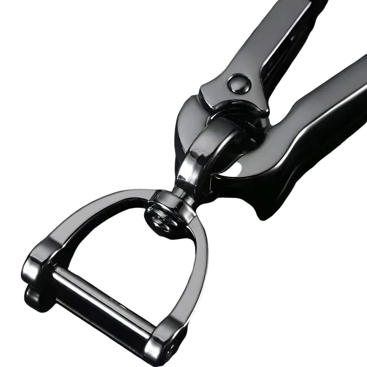 Shiny black stainless steel horsebit-style carabiner car keychain with polished reflective finish and sturdy construction