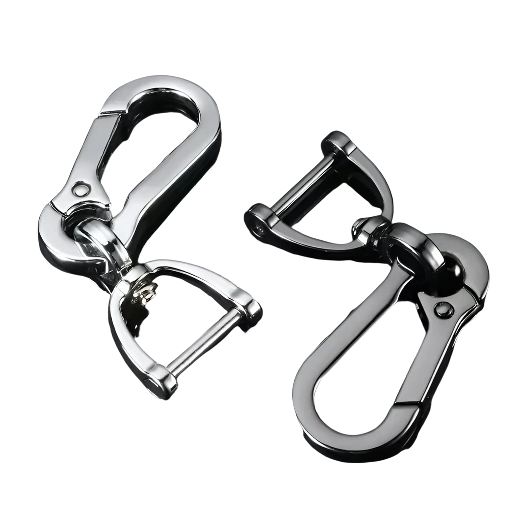 Shiny silver stainless steel carabiner car keychain hooks with polished finish and secure locking mechanisms