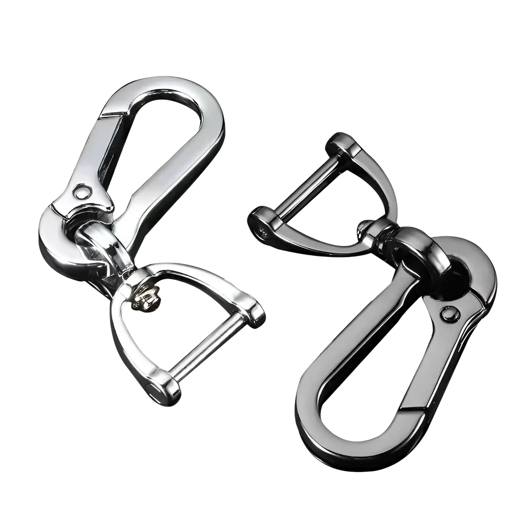 Stainless steel carabiner car keychain in shiny silver metal with d-ring attachment and clip for secure key holding