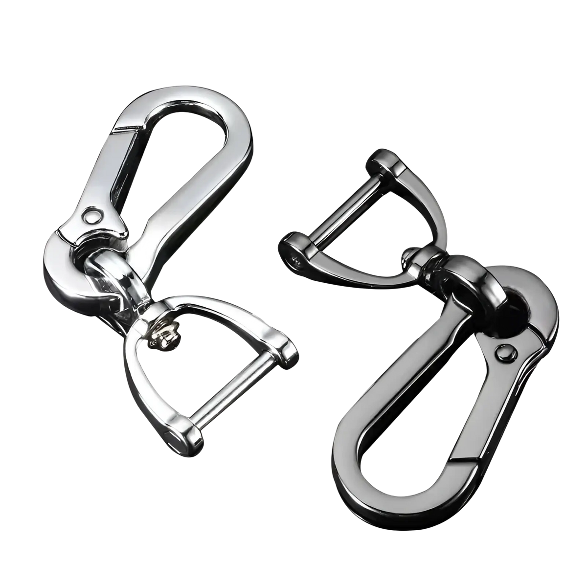 Stainless steel carabiner car keychain in shiny silver metal with d-ring attachment and clip for secure key holding