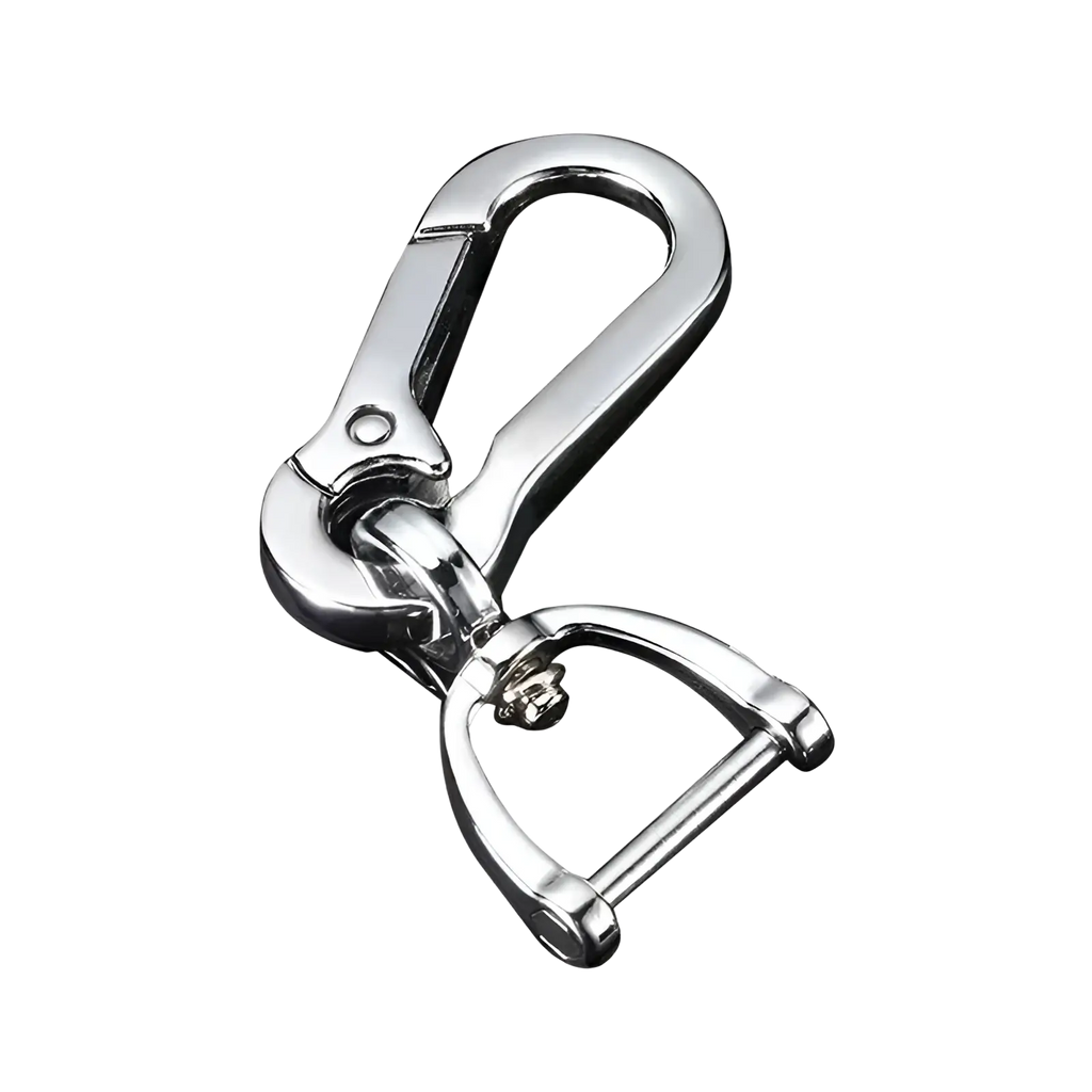 Shiny silver stainless steel carabiner car keychain with d-ring attachment for secure key organization