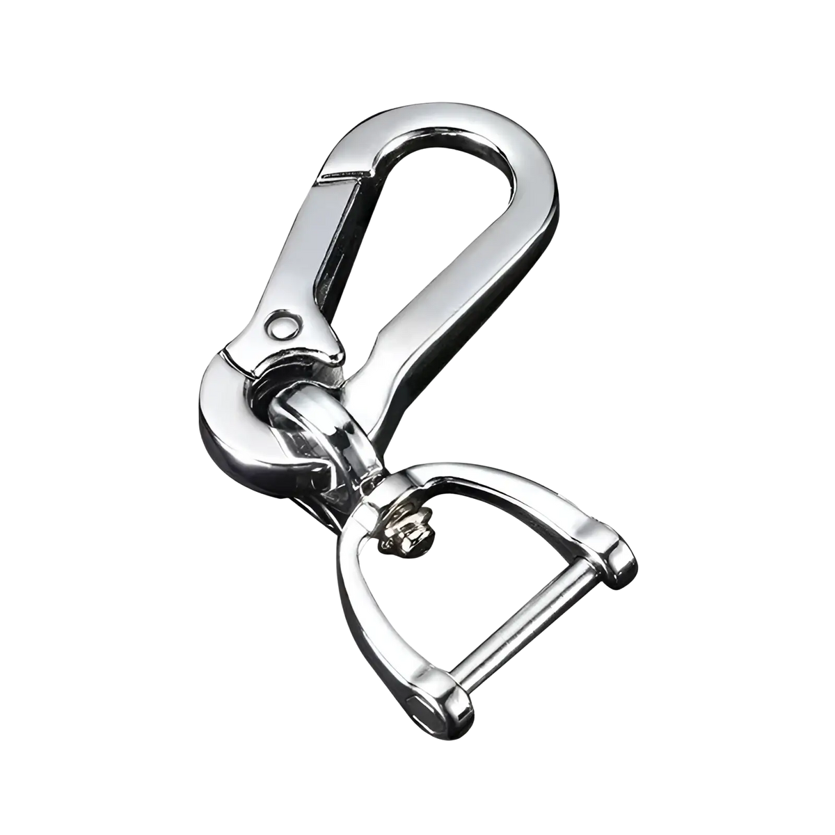 Shiny silver stainless steel carabiner car keychain with d-ring attachment for secure key organization
