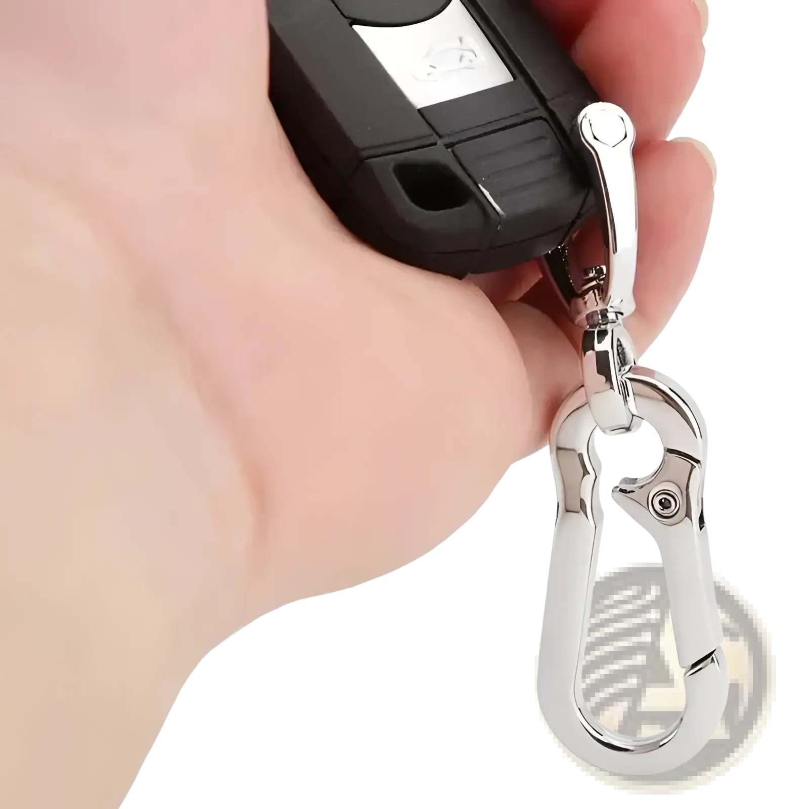Silver stainless steel carabiner car keychain attached to a black car key fob for secure key organization