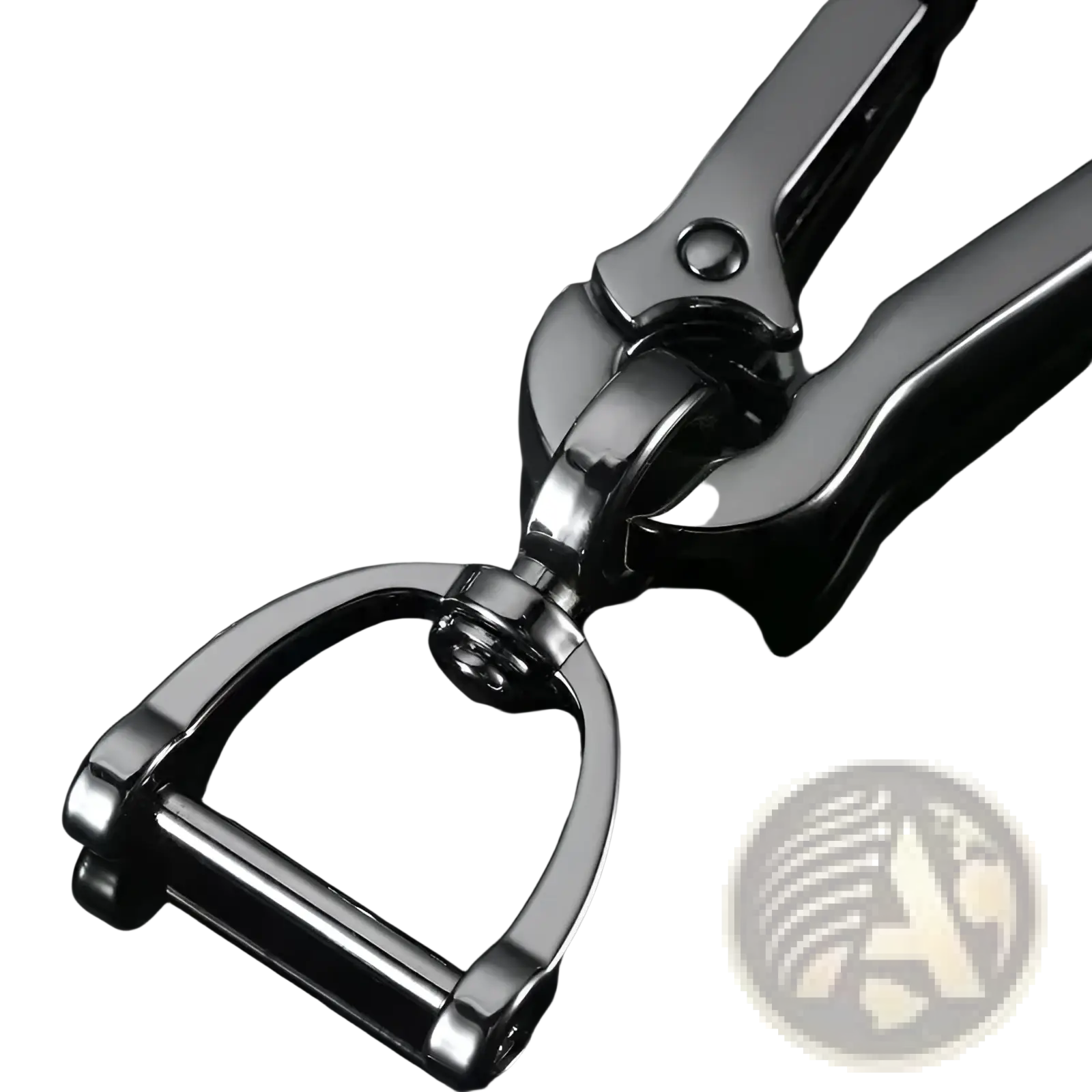 Shiny black stainless steel horsebit-style carabiner car keychain with polished reflective finish and sturdy construction