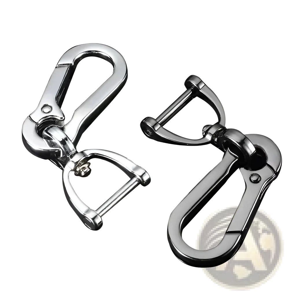 Stainless steel carabiner car keychain in shiny silver metal with d-ring attachment and clip for secure key holding