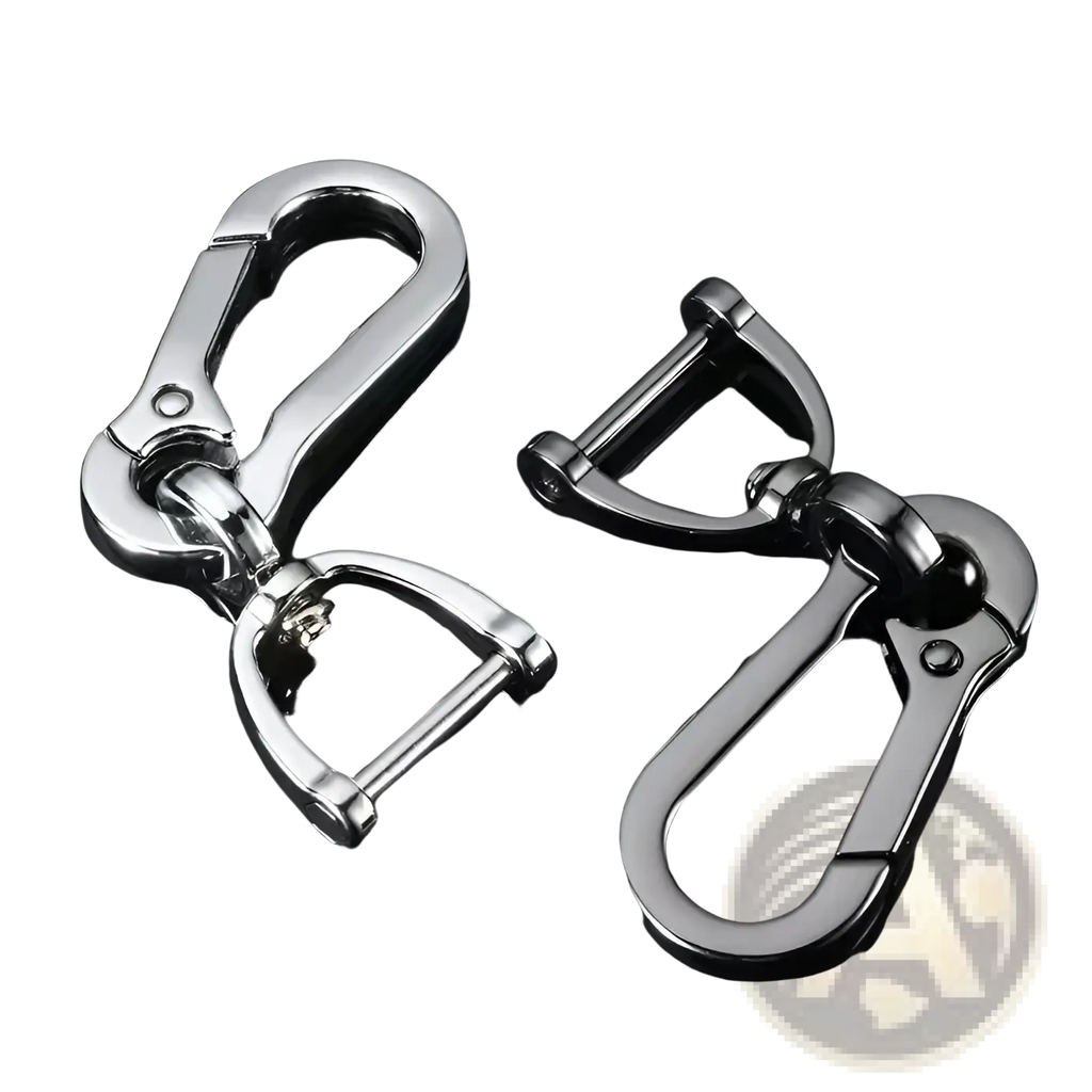 Shiny silver stainless steel carabiner car keychain hooks with polished finish and secure locking mechanisms