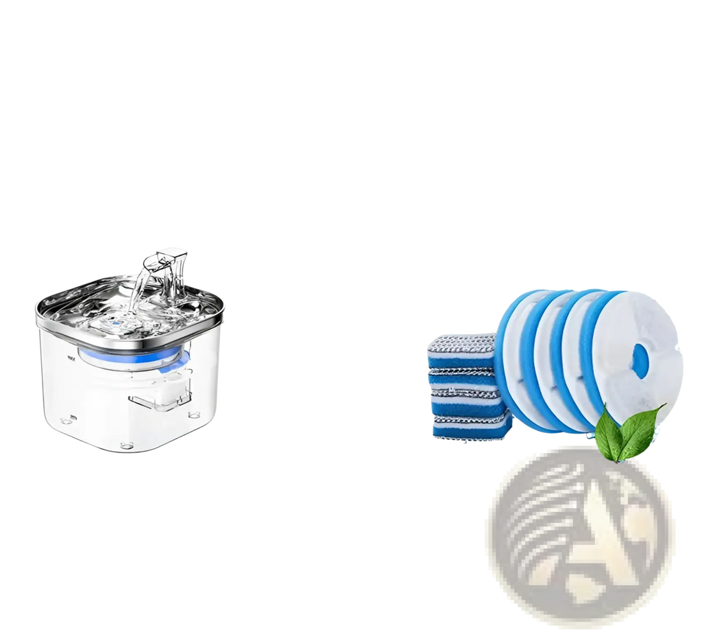 Clear plastic stainless steel cat water fountain with automatic dispenser and blue internal filter components