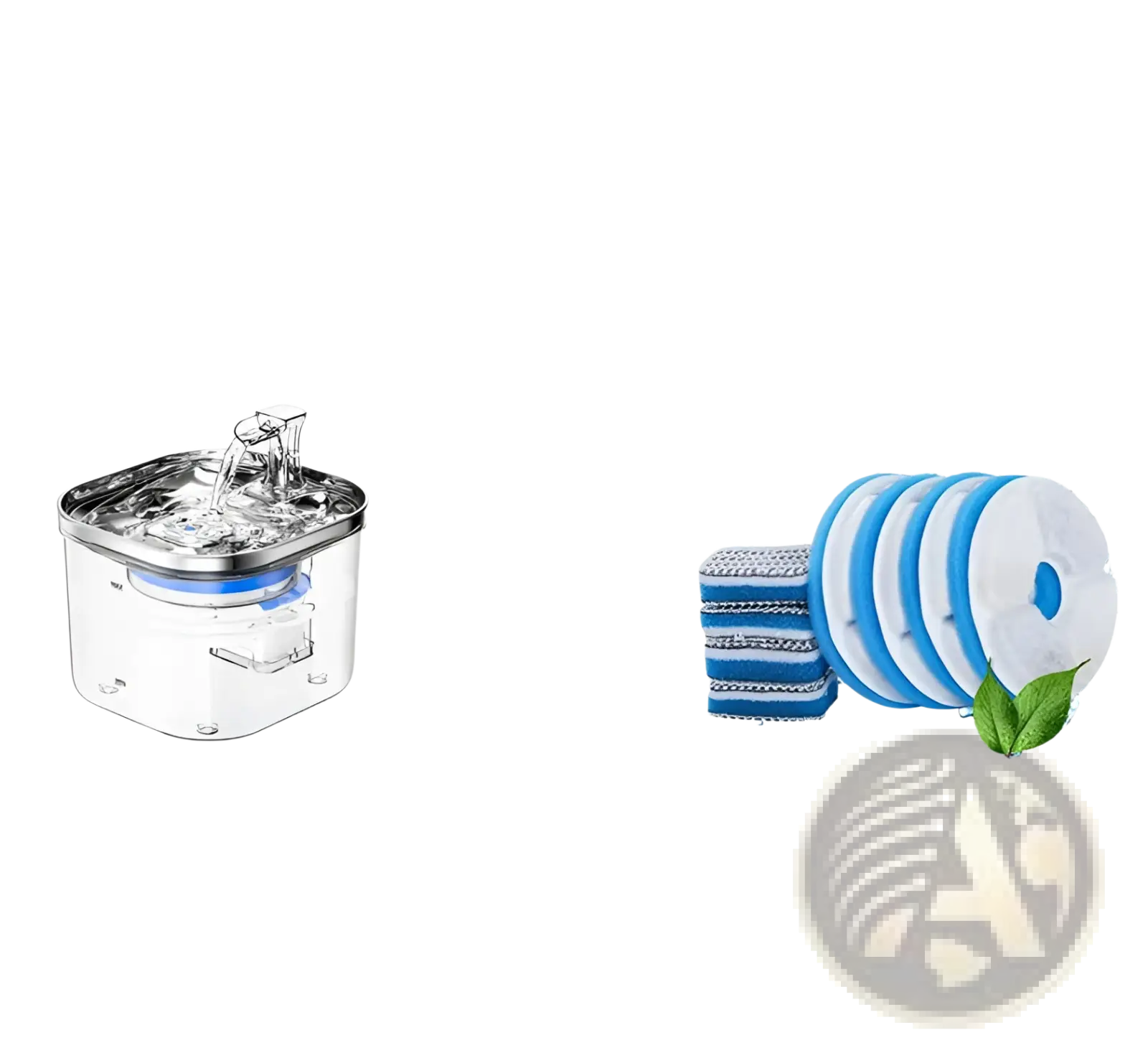 Clear plastic stainless steel cat water fountain with automatic dispenser and blue internal filter components