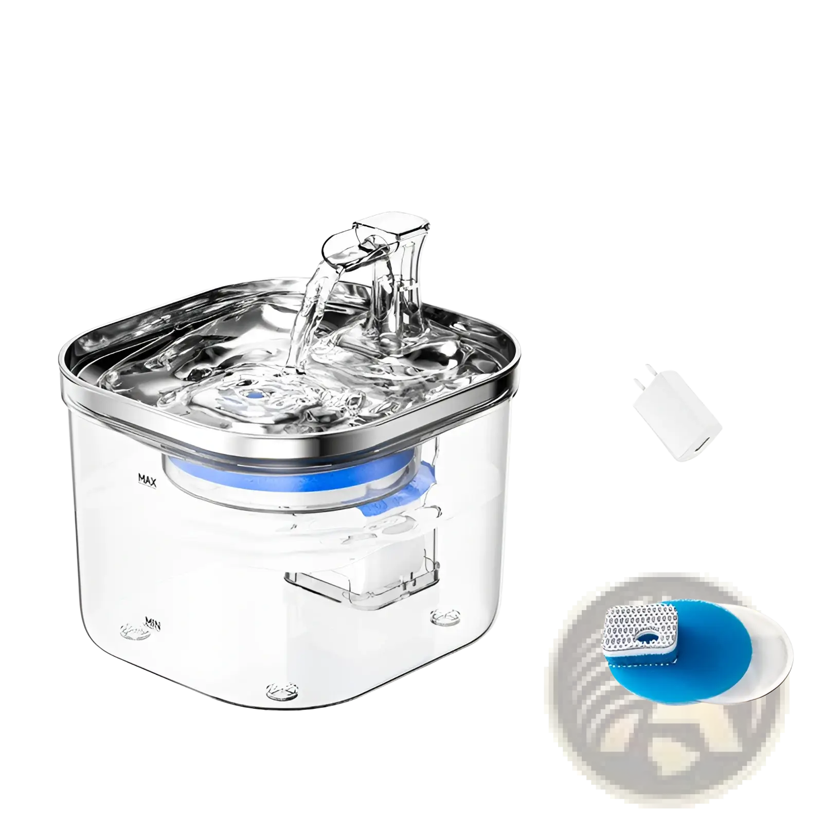 Clear plastic stainless steel cat water fountain with automatic dispenser and blue filter components