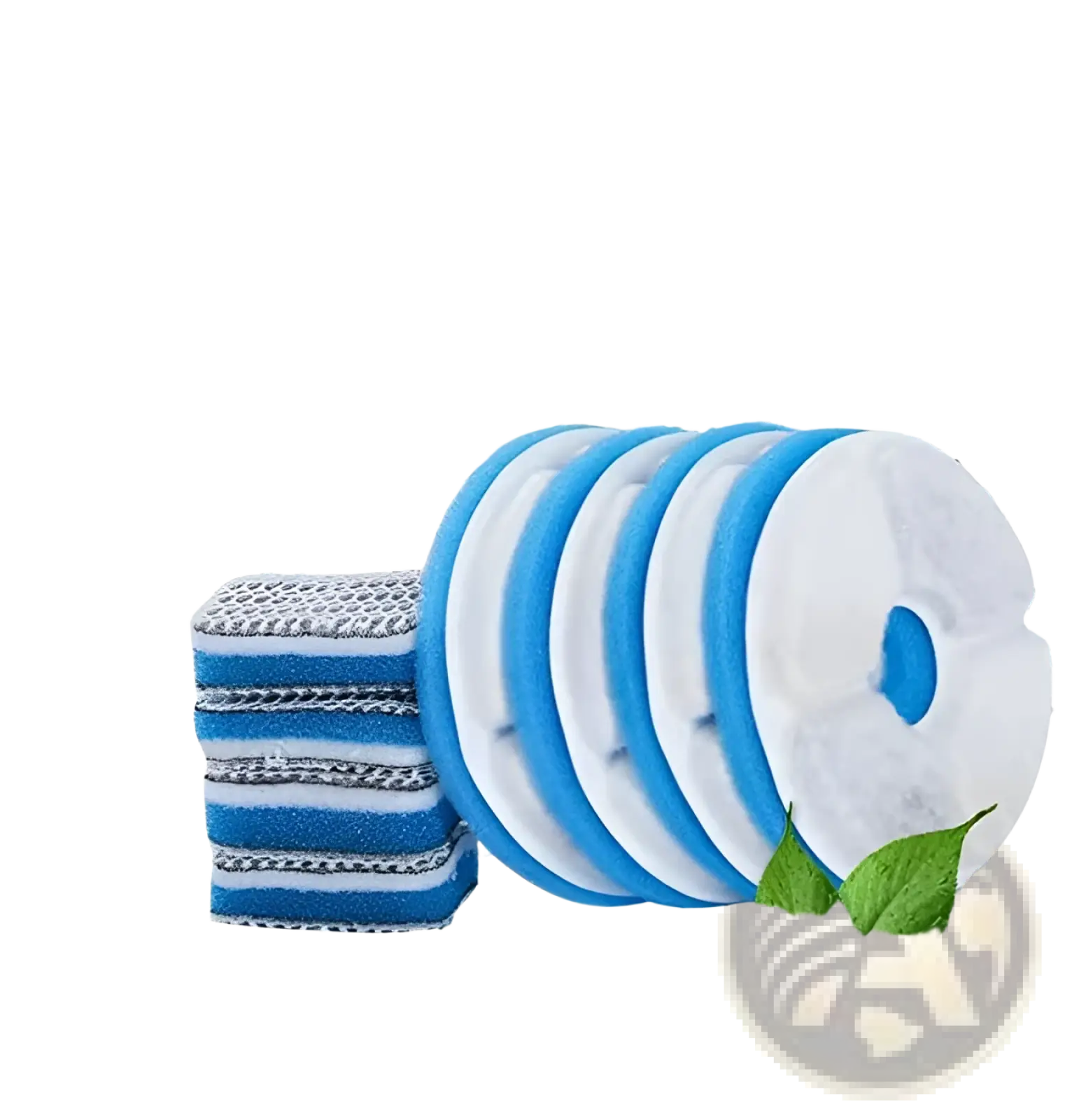 Blue and white cylindrical filter cartridges and striped cleaning pads for stainless steel cat water fountain pet dispenser