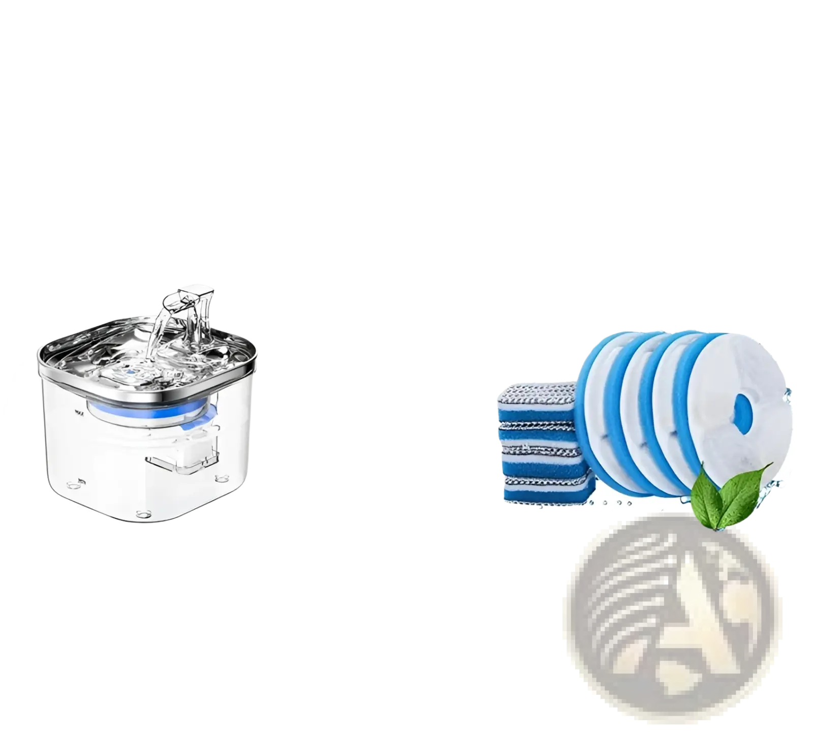 Clear plastic stainless steel cat water fountain with blue internal filter for automatic pet water dispensing