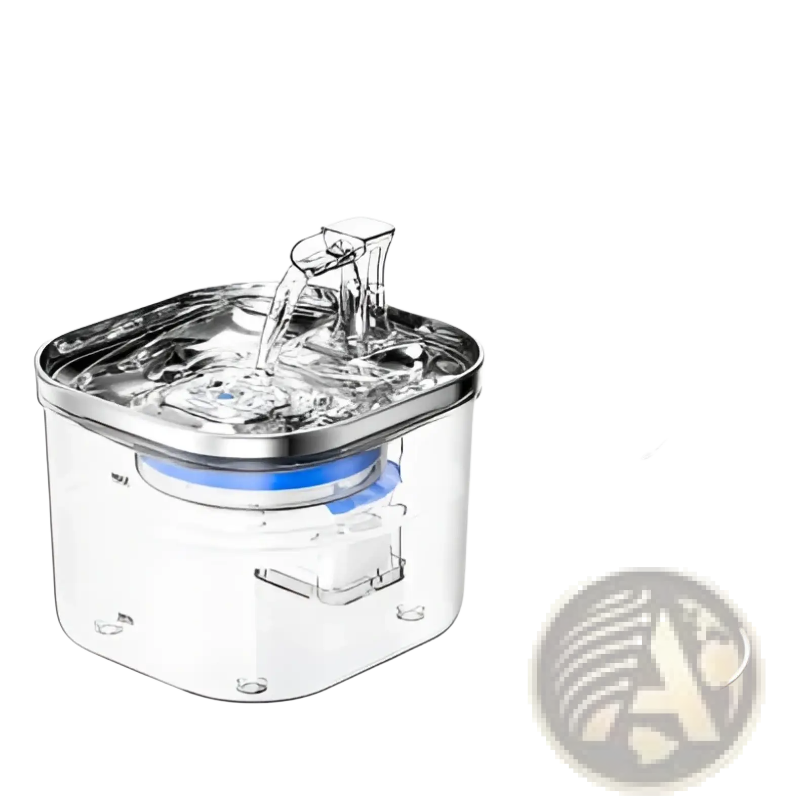 Clear plastic pet water fountain with blue internal filter and silver spout stainless steel cat water fountain dispenser