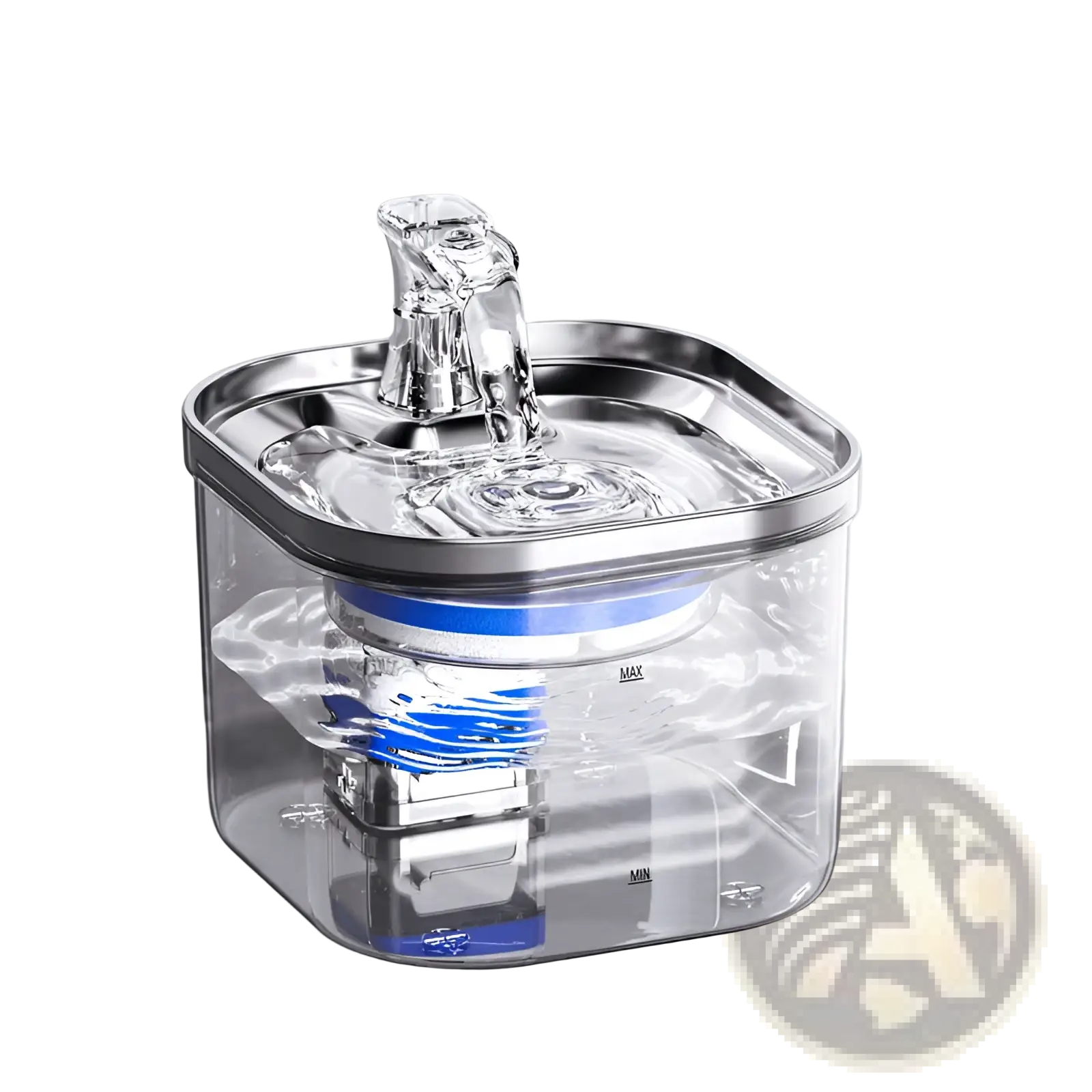 Stainless steel cat water fountain with clear plastic body, chrome spout, and blue internal filtration components