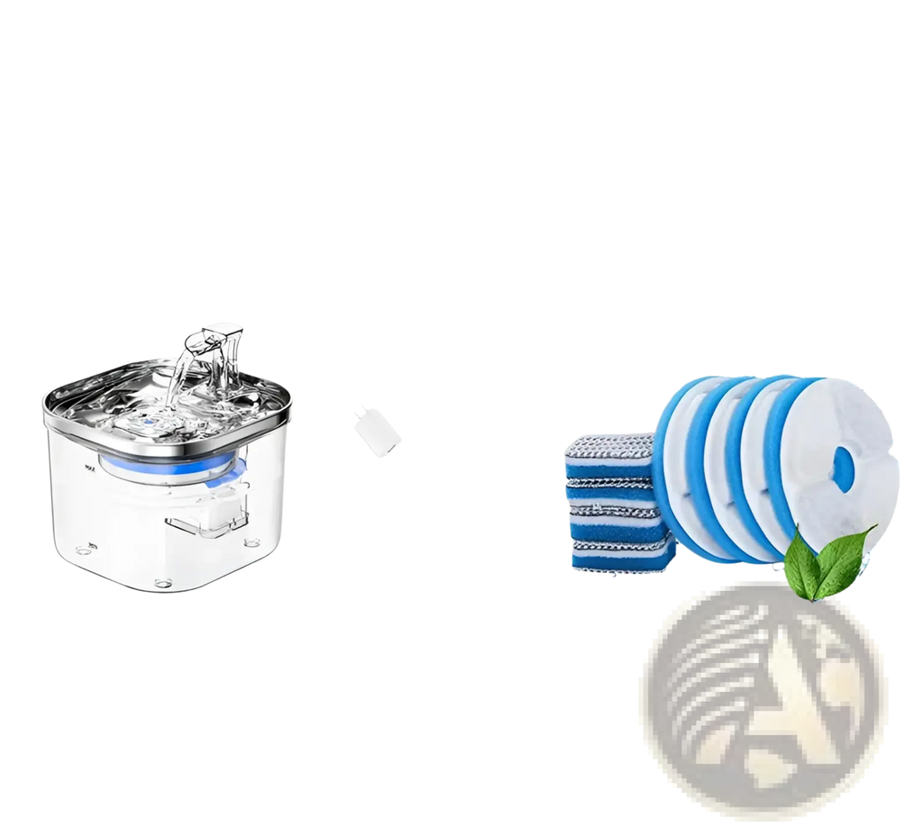 Clear plastic stainless steel cat water fountain with automatic dispenser and blue filter components