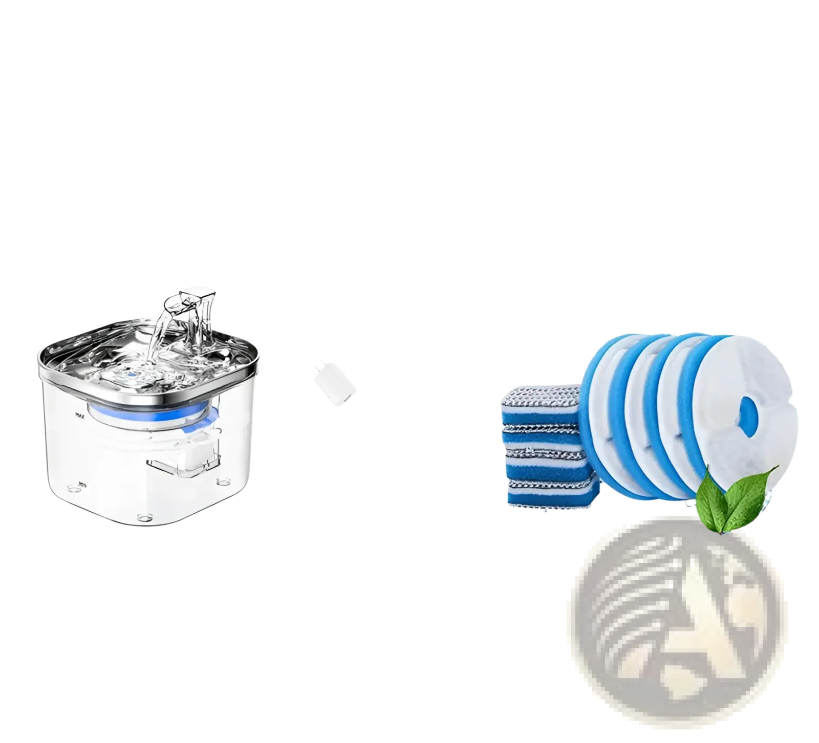 Clear plastic stainless steel cat water fountain with automatic dispenser and blue filter components