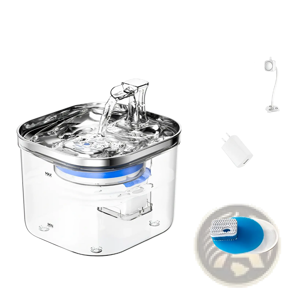Clear plastic stainless steel cat water fountain with automatic dispenser and blue filter components visible