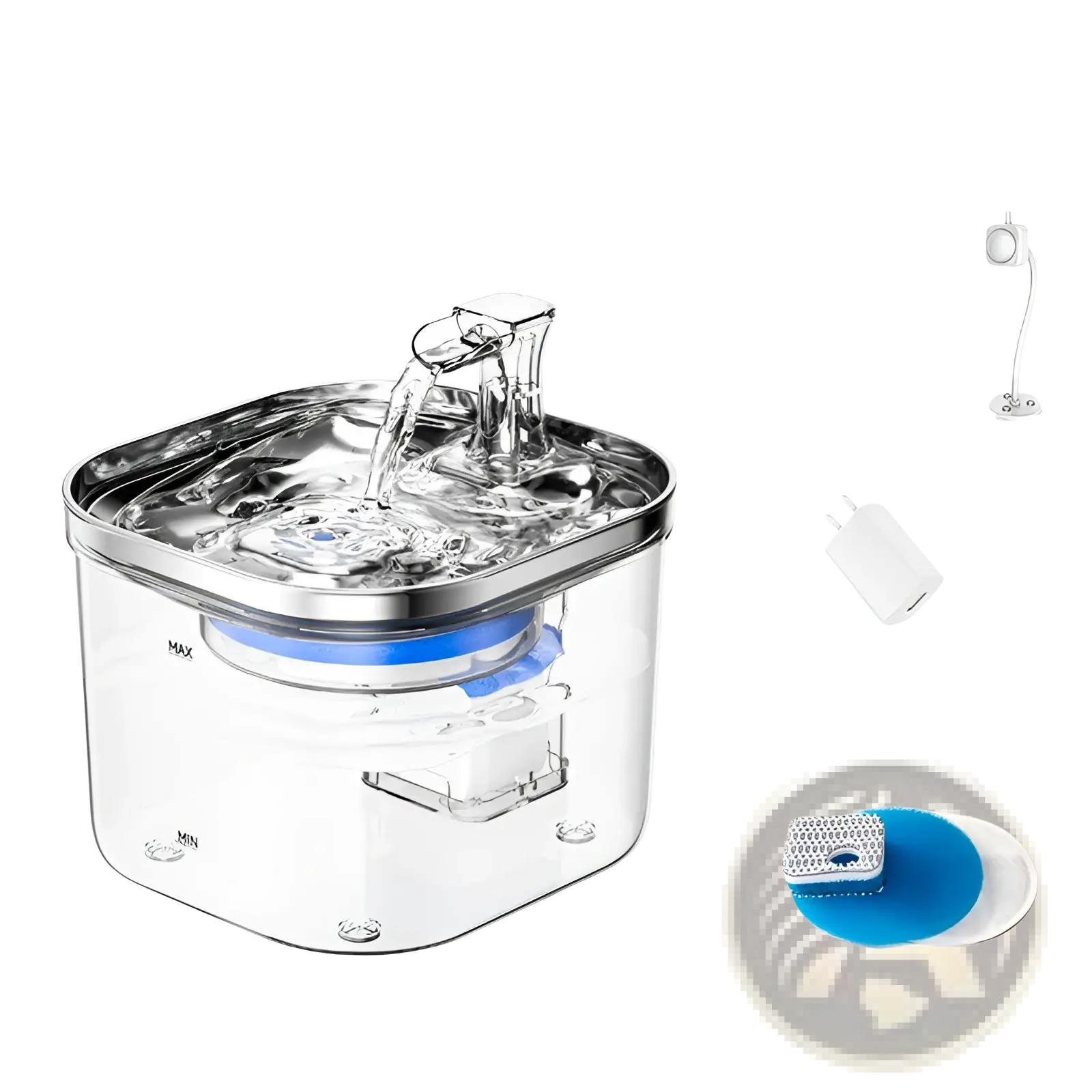 Clear plastic stainless steel cat water fountain with automatic dispenser and blue filter components visible