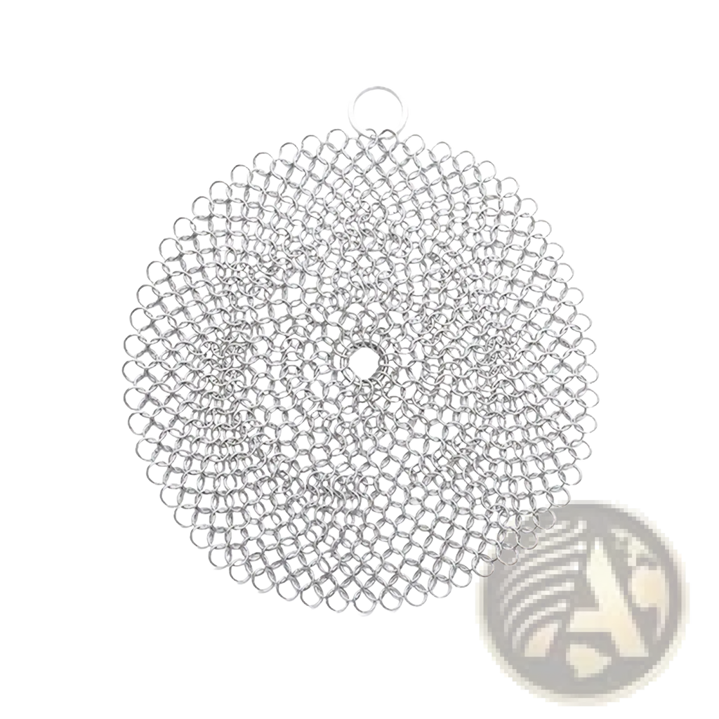 Silver stainless steel chainmaille circular pot scrubber 4 inches for cast iron cleaning