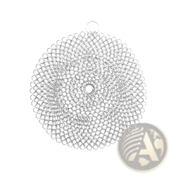 Silver stainless steel chainmaille circular pot scrubber 4 inches for cast iron cleaning