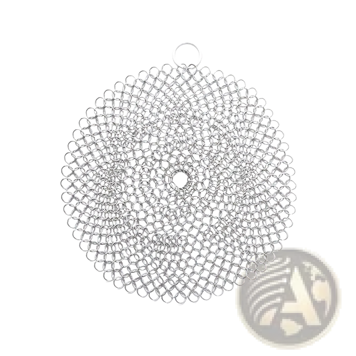 Silver stainless steel chainmaille circular pot scrubber 4 inches for cast iron cleaning