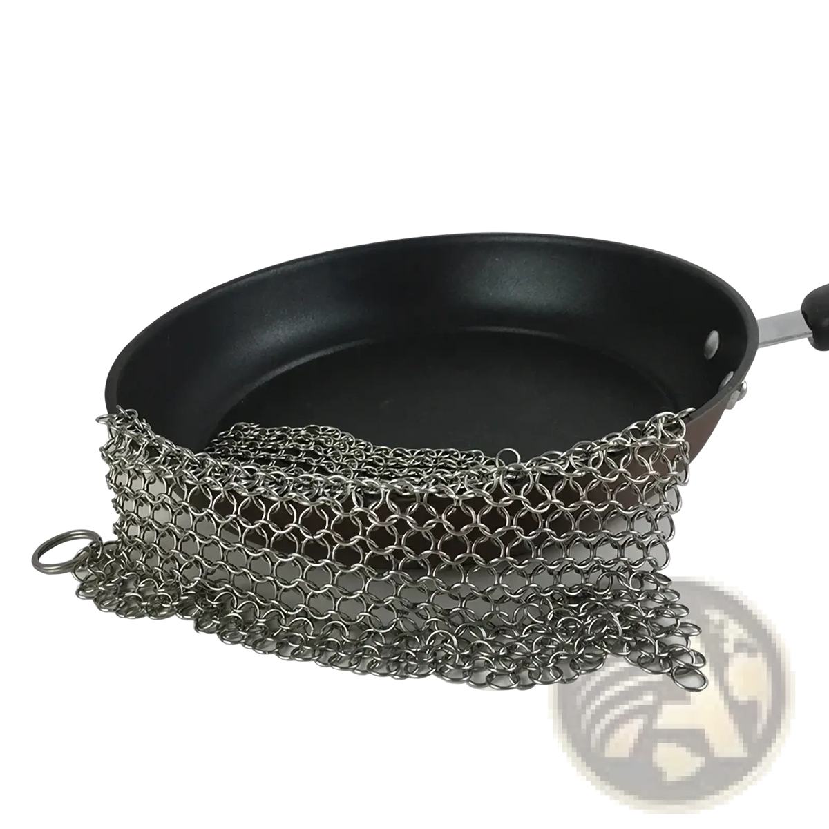 Silver stainless steel chainmail cleaning strap wrapped around a black non-stick frying pan for scrubbing