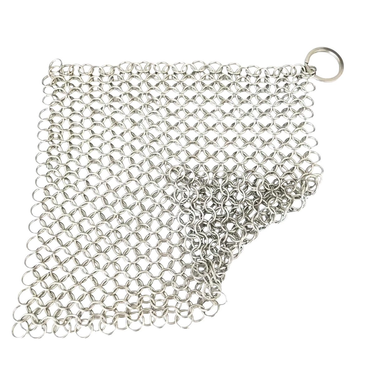 Silver stainless steel chainmail cast iron pot scrubber 4 inches in size for heavy-duty cleaning