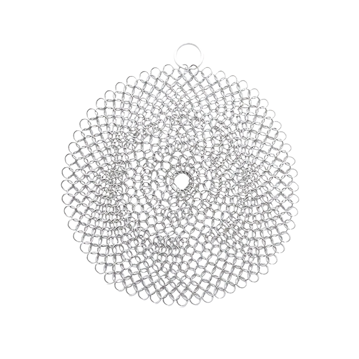 Silver stainless steel chainmaille circular pot scrubber 4 inches for cast iron cleaning
