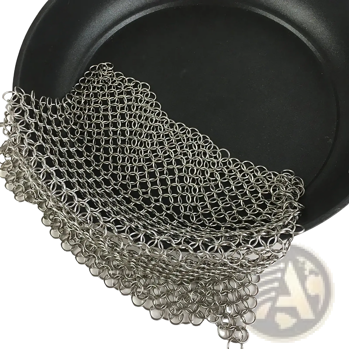 Silver-colored stainless steel chainmail cast iron pot scrubber with flexible interlocking ring design