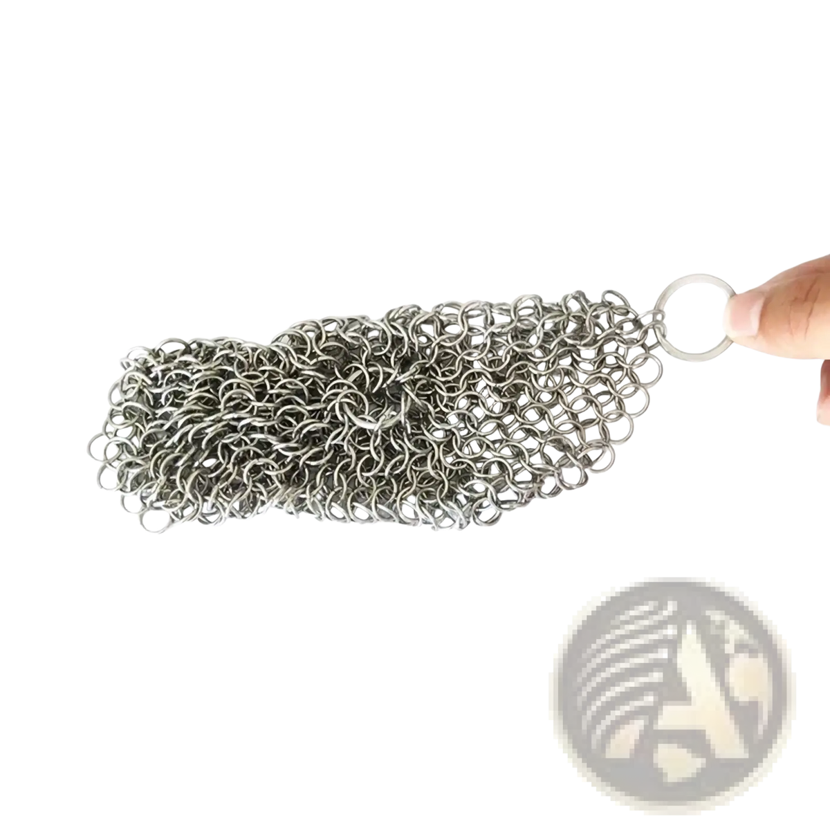 Silver-toned stainless steel chainmail cast iron pot scrubber with loop handle for heavy-duty cleaning