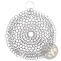 Silver stainless steel chainmail cast iron scrubber with circular design and keyring loop for cleaning cookware