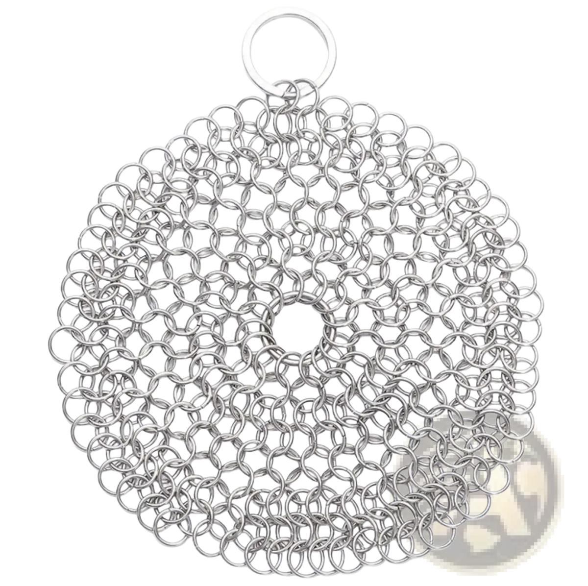 Silver stainless steel chainmail cast iron scrubber with circular design and keyring loop for cleaning cookware