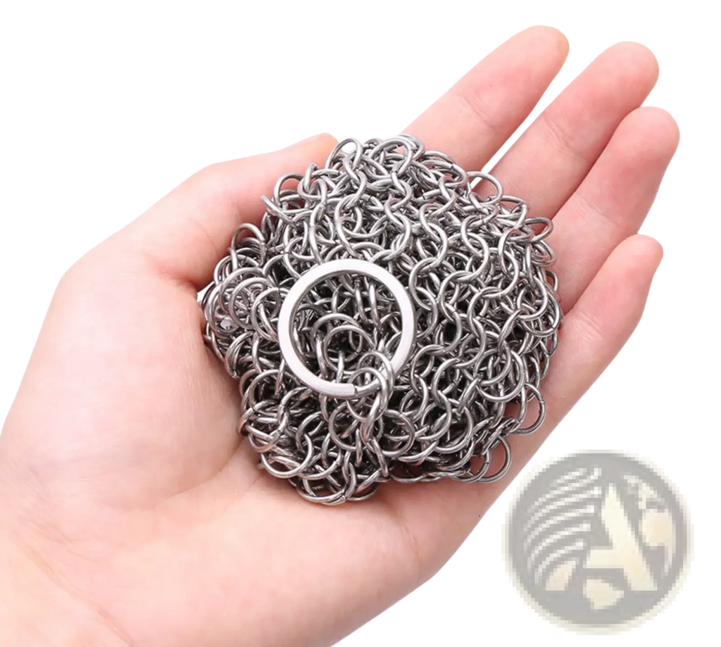 Stainless steel chainmail cast iron scrubber with compact silver-toned metal design and circular ring attachment