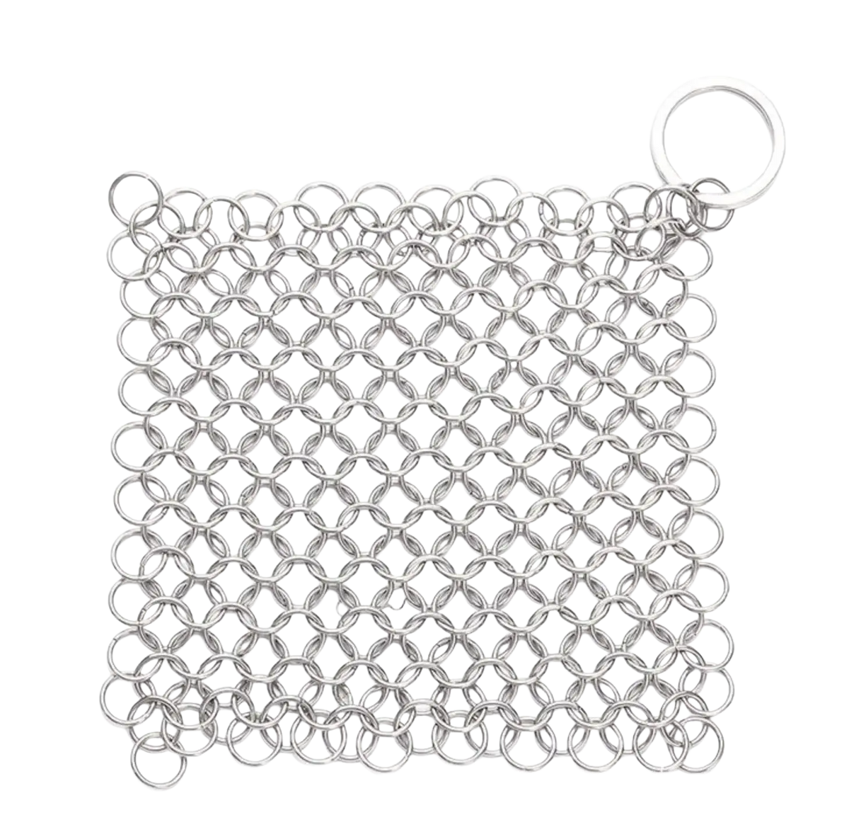 Silver stainless steel chainmail cast iron scrubber with key ring attachment for durable cleaning use