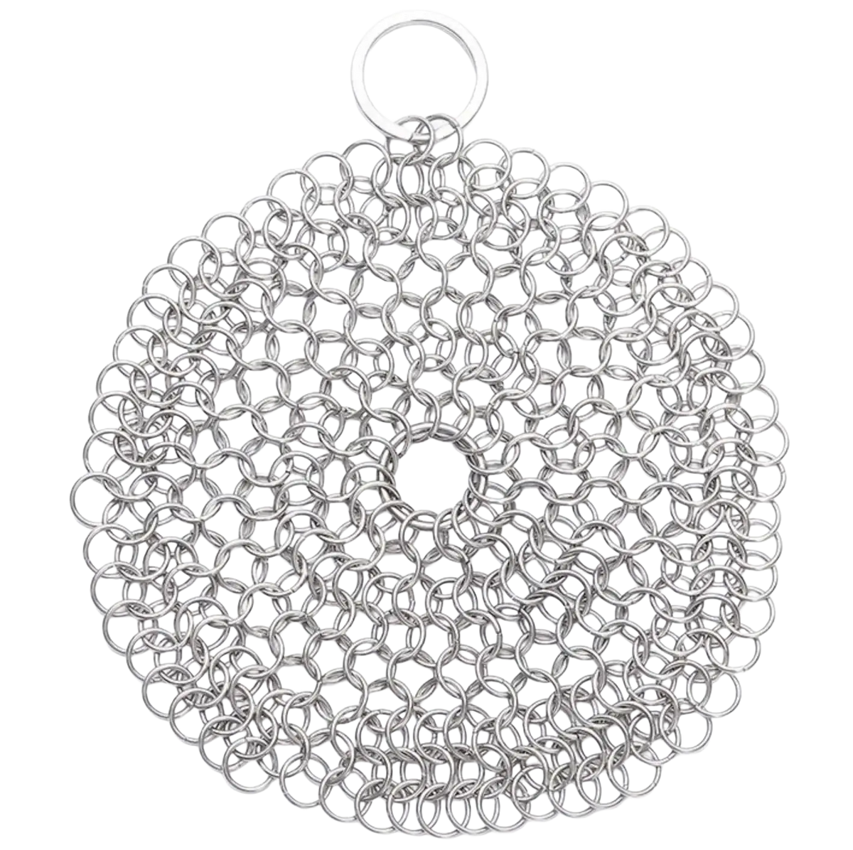 Silver stainless steel chainmail cast iron scrubber with circular design and keyring loop for cleaning cookware